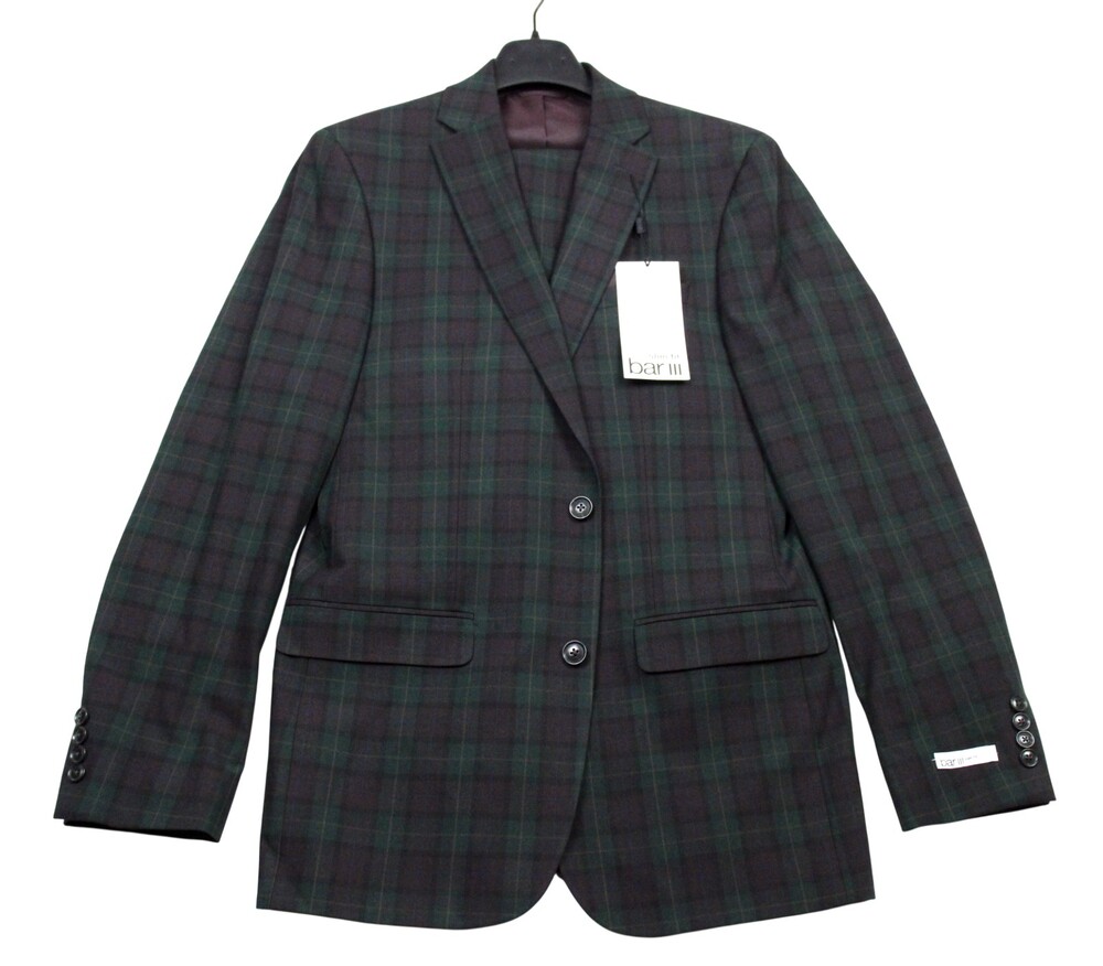Bar iii Suit Mens 38 L 32W Green Burgundy Plaid Slim Fit Stretch 2 piece - Picture 1 of 10